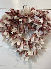 Load image into Gallery viewer, Valentine&#39;s Day Heart-Shaped Rag Wreath, Red, White, and Lace
