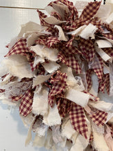 Load image into Gallery viewer, Valentine&#39;s Day Heart-Shaped Rag Wreath, Red, White, and Lace
