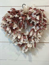 Load image into Gallery viewer, Valentine&#39;s Day Heart-Shaped Rag Wreath, Red, White, and Lace
