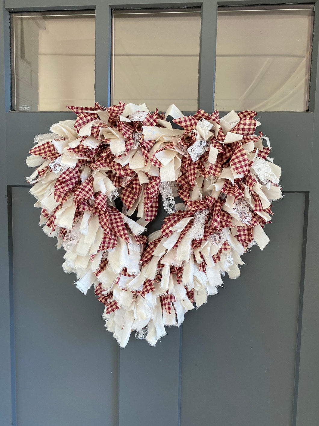 Valentine's Day Heart-Shaped Rag Wreath, Red, White, and Lace