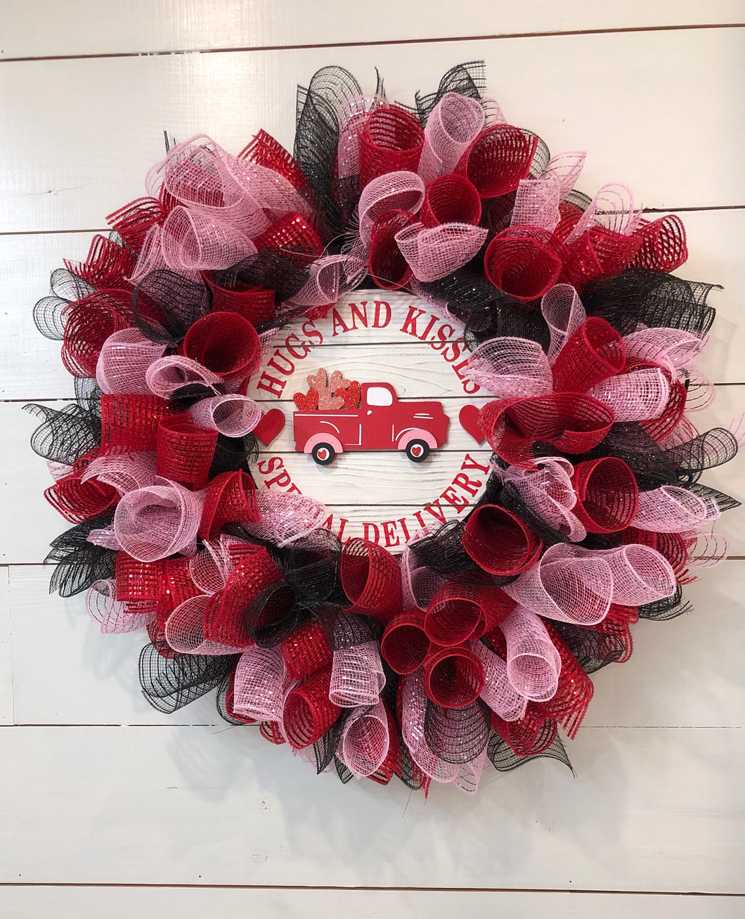 Valentine's Day Wreath with Truck in Black/Pink/Red